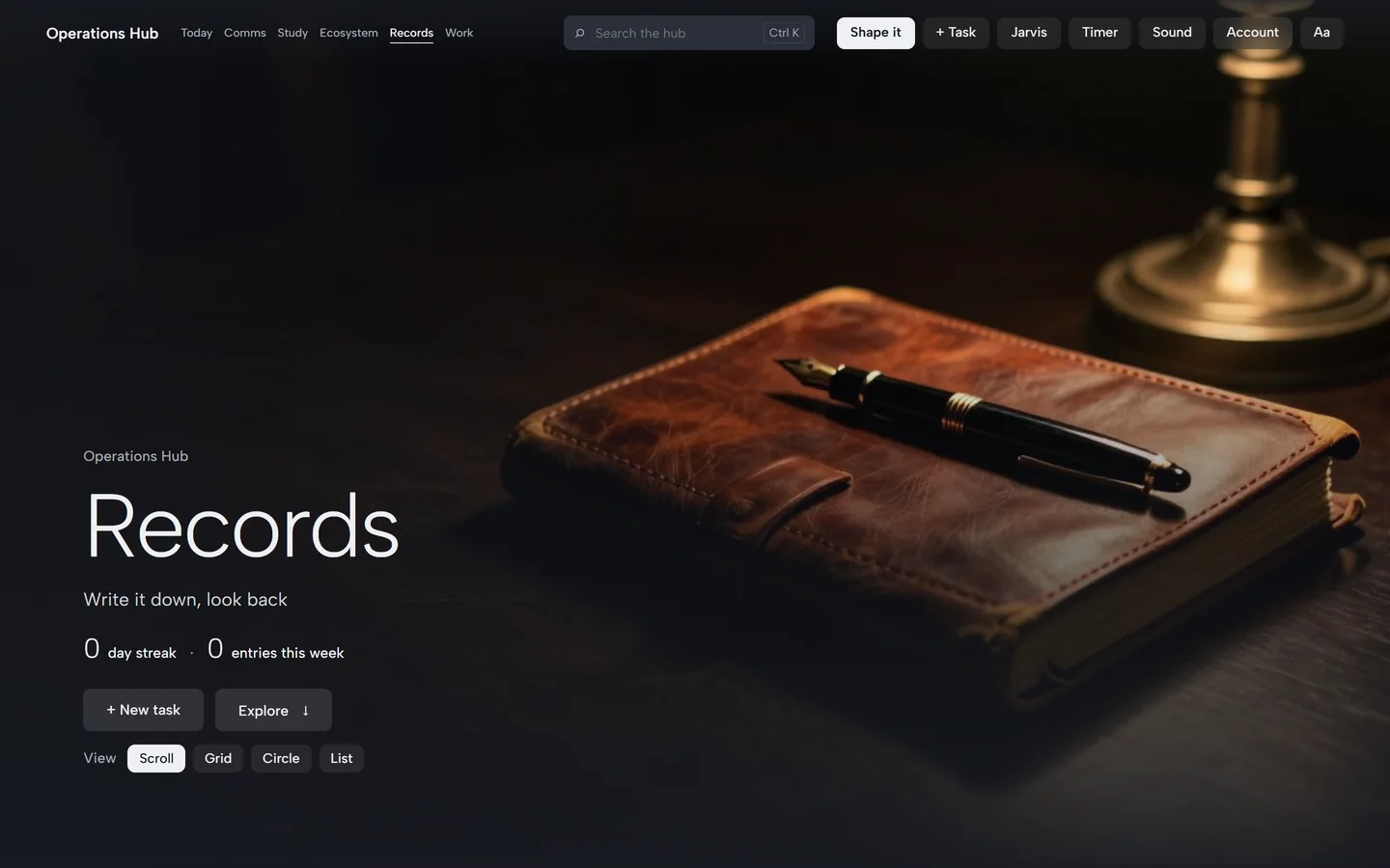 The Records room: a leather notebook and a fountain pen, the title Records, and the day streak.